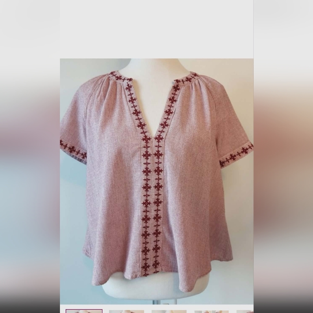 Lucky Brand Boho Pinstriped Peasant Top Embroidered Split V-Neck Short Sleeve, S